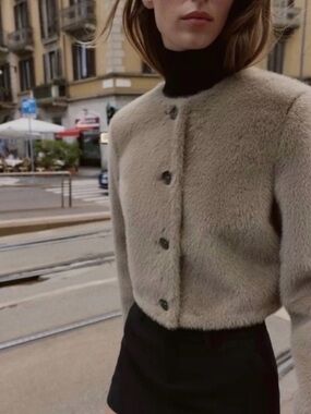 ZARA Faux Fur Collarless Cropped Jacket